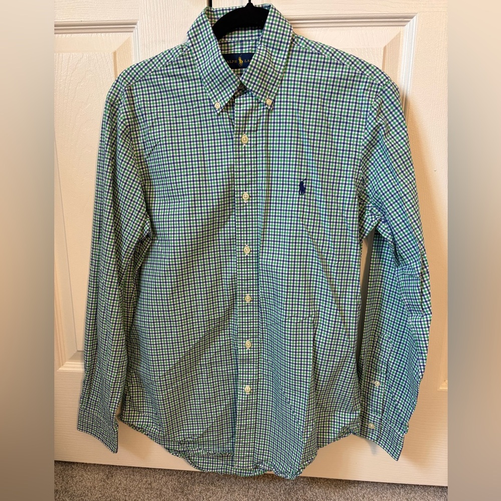 Ralph Lauren Men's Blue and Green Checkered Button Down Shirt